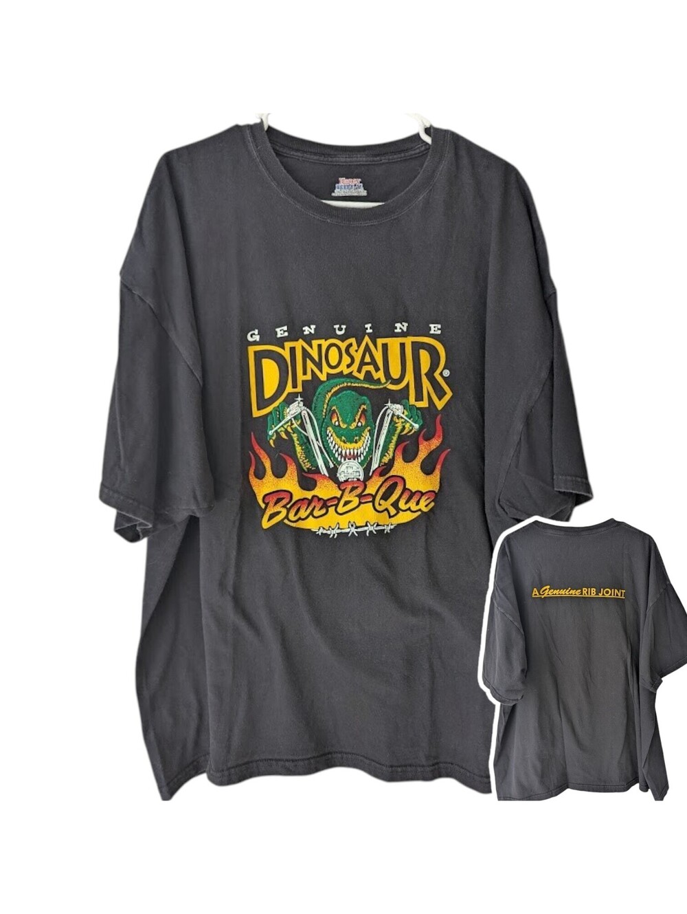 Vintage Y2K Dinosaur Bar-B-Que T-Shirt Men 3XL Black Biker Rib Joint Graphic Tee